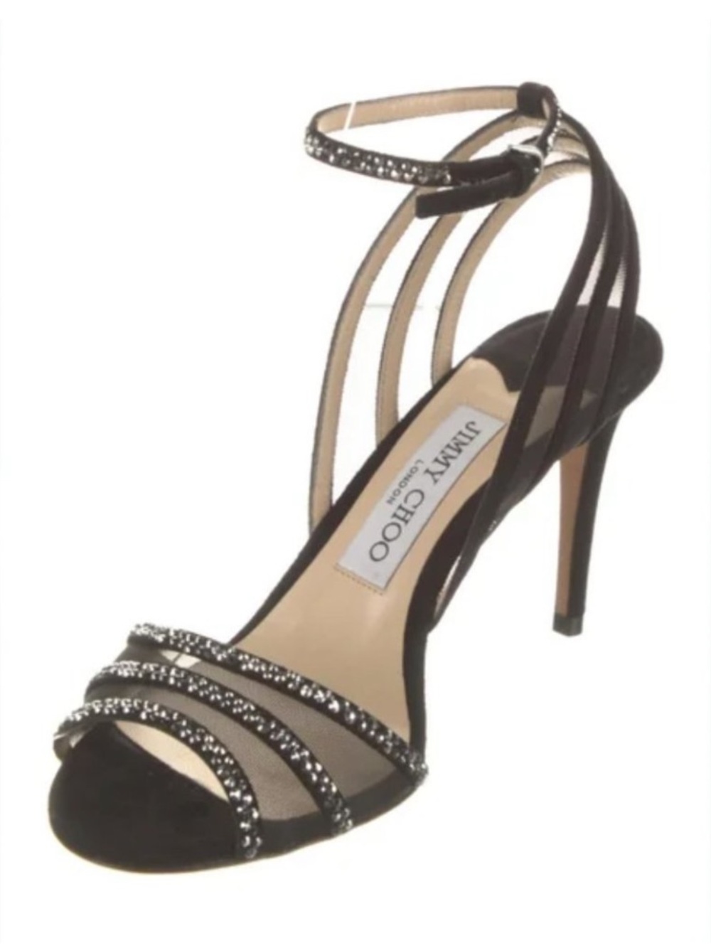 Jimmy Choo Black Crystal-Strap Stiletto Sandals with Ankle Wrap